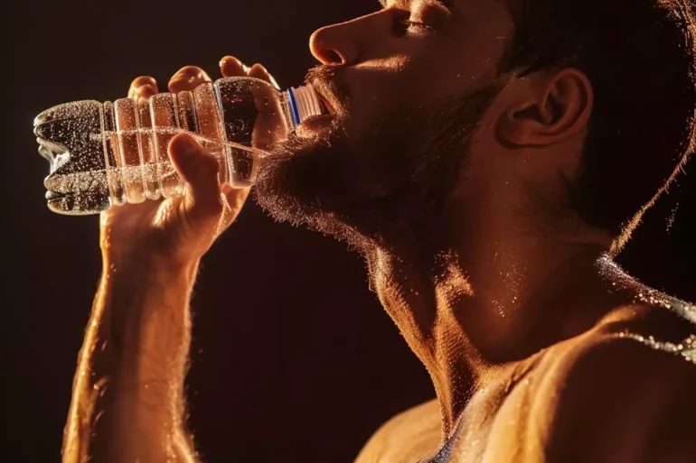 Δίψα: Ιδρώτας και ανακούφιση στο πρόσωπο του bodybuilder.