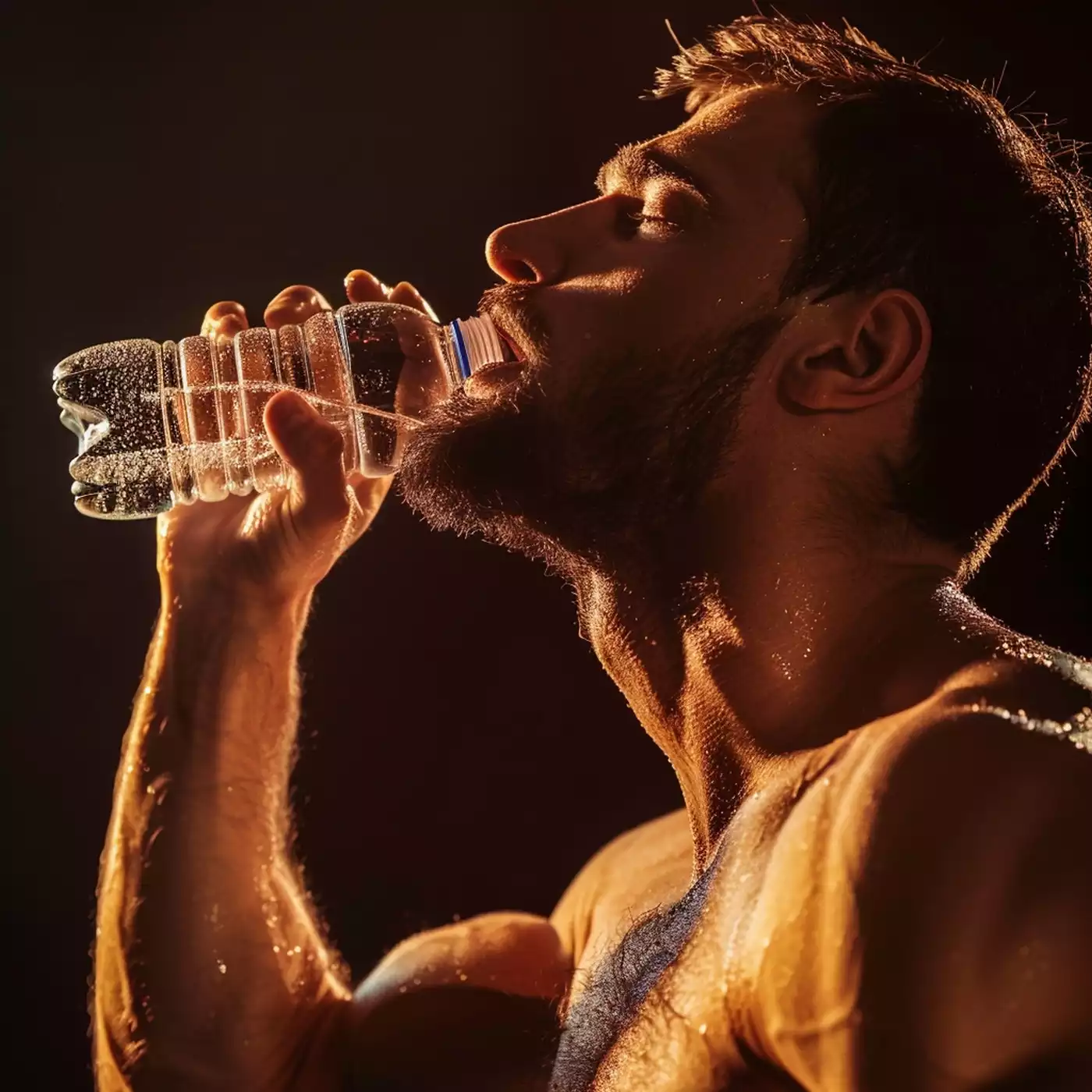Δίψα: Ιδρώτας και ανακούφιση στο πρόσωπο του bodybuilder.